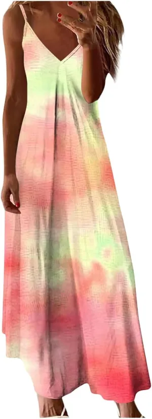 Maxi Dresses for Women 2025 Plus Size Sleeveless Spaghetti Strap Beach Boho Dress Flowy Long Dresses