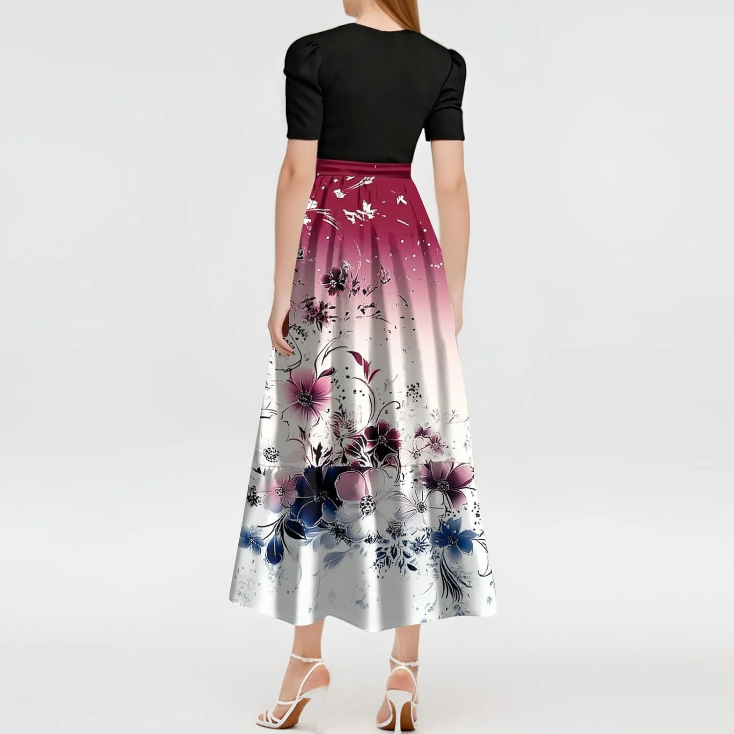 Maxi Dresses for Women 2025 Puff Sleeve Tie Belted Wedding Guest Dress Empire Waist Patchwork A Line Work Dresses