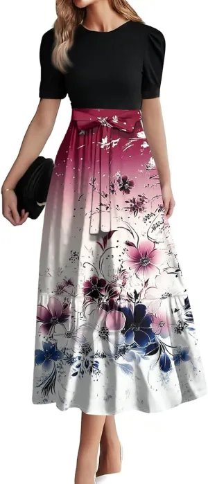 Maxi Dresses for Women 2025 Puff Sleeve Tie Belted Wedding Guest Dress Empire Waist Patchwork A Line Work Dresses