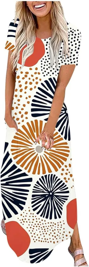 Maxi Dresses for Women 2025 Short Sleeve Casual Flowy Flowy Long Dress Beach Vocation Shift Dress