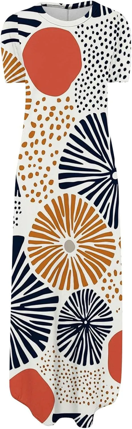 Maxi Dresses for Women 2025 Short Sleeve Casual Flowy Flowy Long Dress Beach Vocation Shift Dress