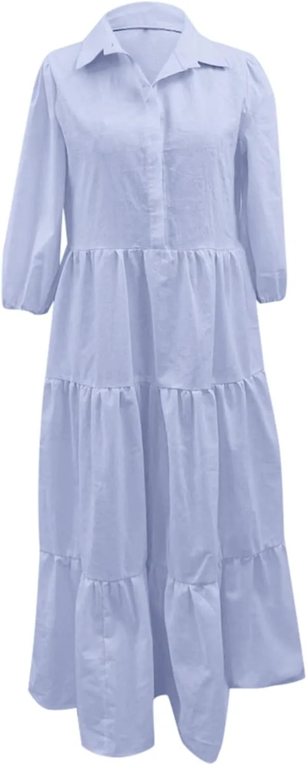 Maxi Dresses for Women 2025 Vacation Flowy Tiered Pleated 3/4 Sleeve V Neck T Shirt Dress Prom Loose Country Concert Outfits