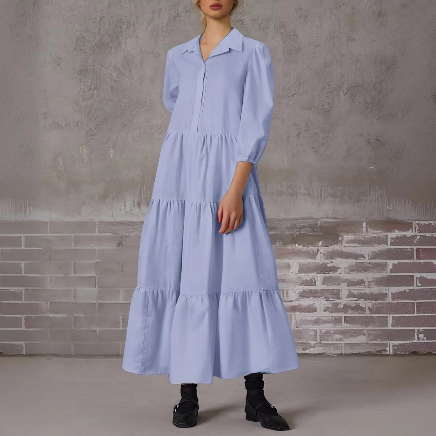 Maxi Dresses for Women 2025 Vacation Flowy Tiered Pleated 3/4 Sleeve V Neck T Shirt Dress Prom Loose Country Concert Outfits