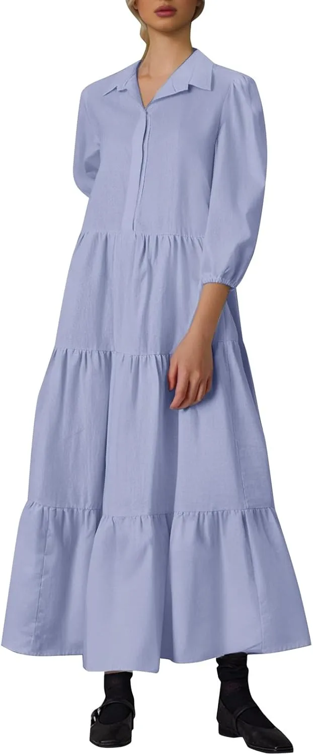 Maxi Dresses for Women 2025 Vacation Flowy Tiered Pleated 3/4 Sleeve V Neck T Shirt Dress Prom Loose Country Concert Outfits