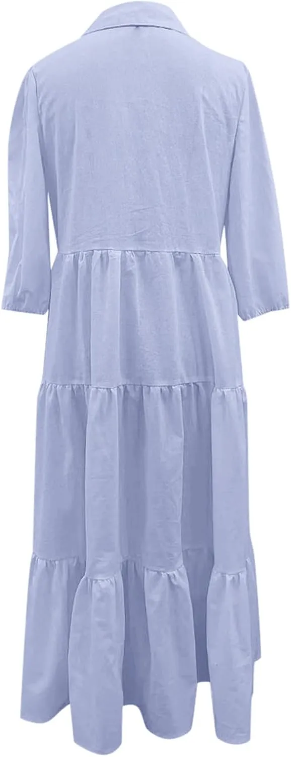 Maxi Dresses for Women 2025 Vacation Flowy Tiered Pleated 3/4 Sleeve V Neck T Shirt Dress Prom Loose Country Concert Outfits