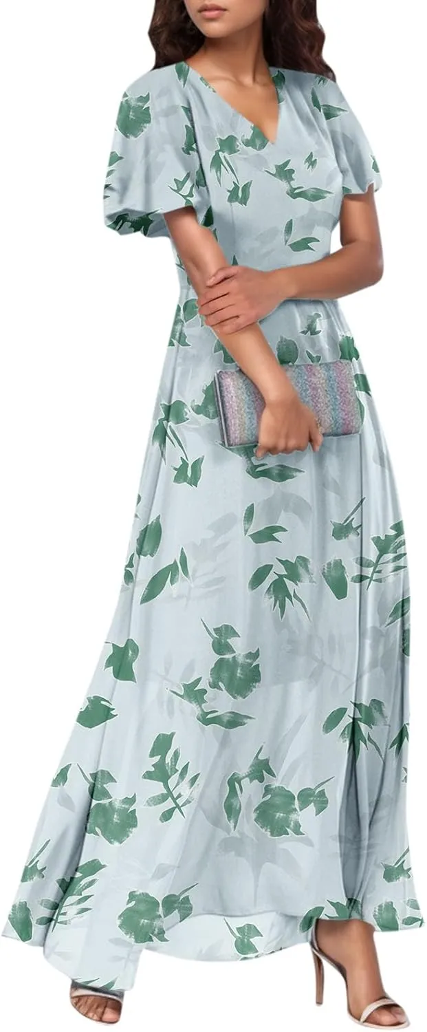 Maxi Dresses for Women 2025,Wedding Guest Spring Summer Dresses for Women Flowy Petite Floral Dress Short Sleeve