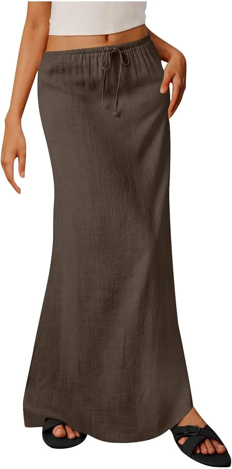 Maxi Skirts for Women 2025 Summer Boho Flowy Skirt Comfy Drawstring Elastic Waist Beach Vacation Long Skirts