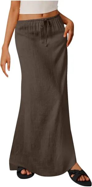 Maxi Skirts for Women 2025 Summer Boho Flowy Skirt Comfy Drawstring Elastic Waist Beach Vacation Long Skirts