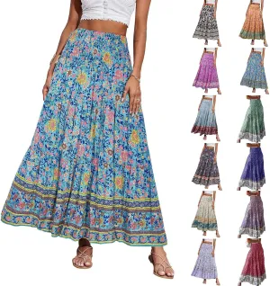 Maxi Skirts for Women Floral Boho Long Flowy Skirt Smocked Elastic High Waisted Skirts A Line Beach Midi Skirt