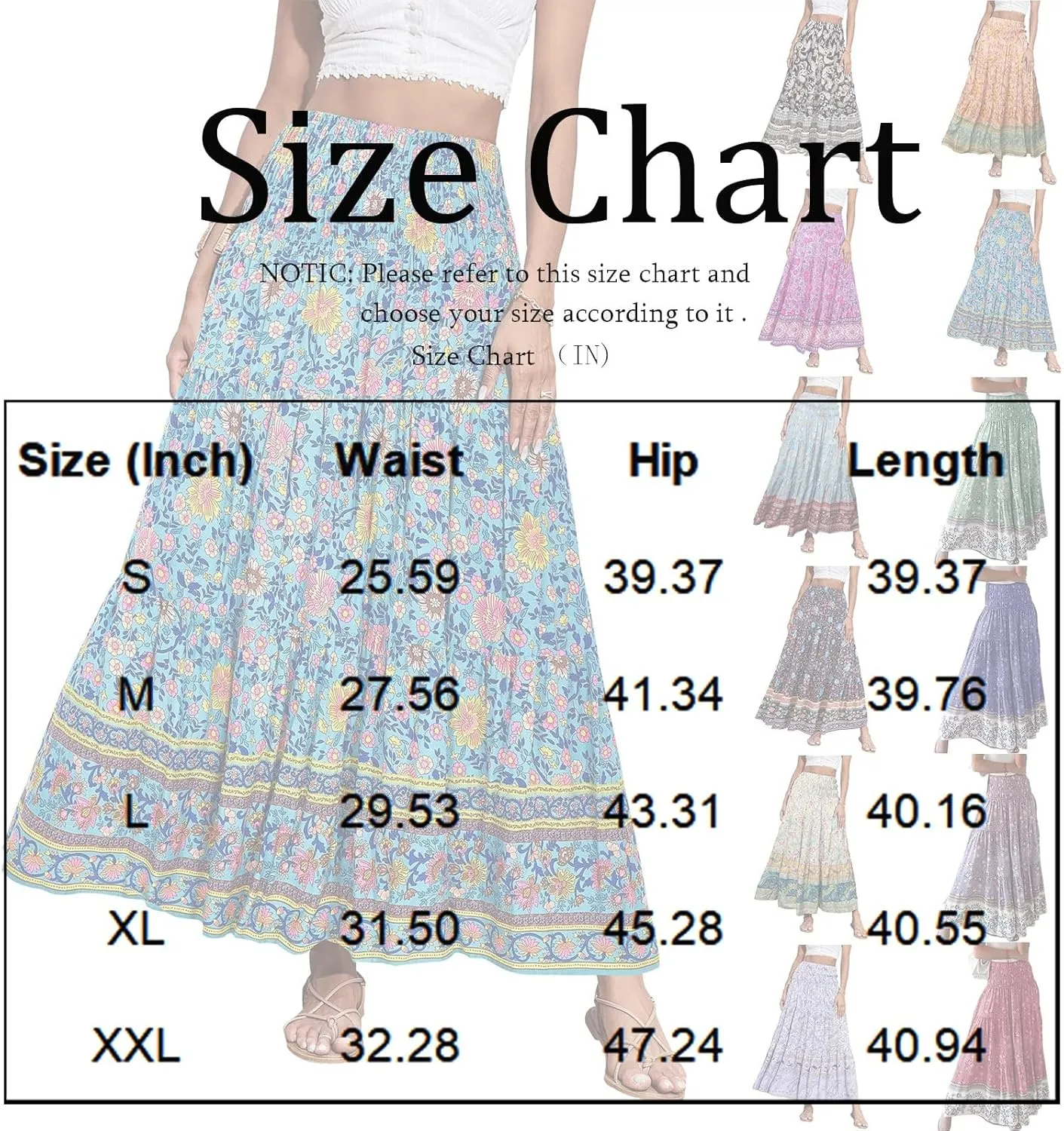 Maxi Skirts for Women Floral Boho Long Flowy Skirt Smocked Elastic High Waisted Skirts A Line Beach Midi Skirt