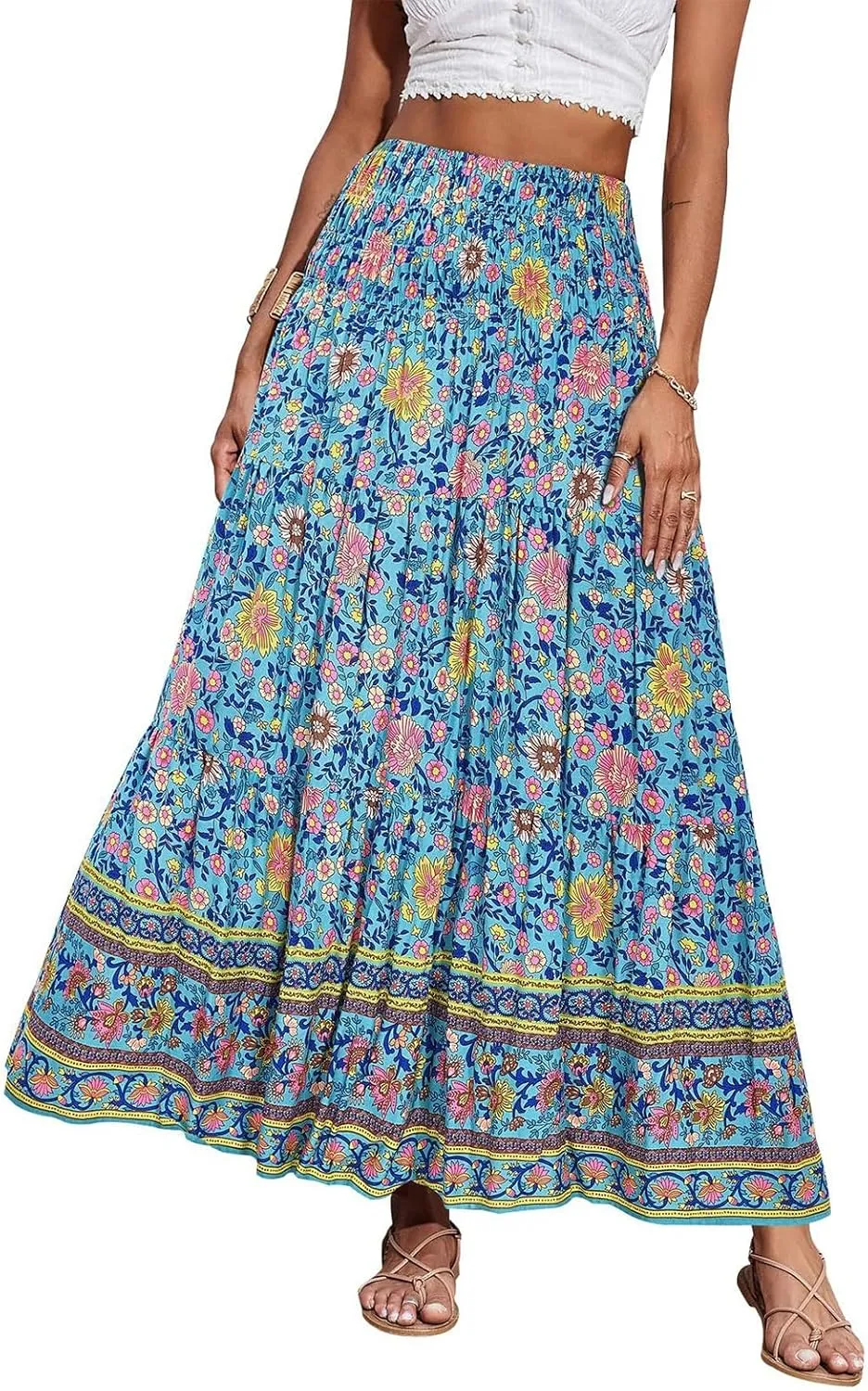 Maxi Skirts for Women Floral Boho Long Flowy Skirt Smocked Elastic High Waisted Skirts A Line Beach Midi Skirt