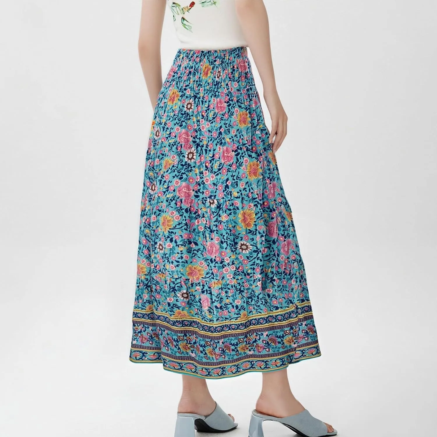 Maxi Skirts for Women Floral Boho Long Flowy Skirt Smocked Elastic High Waisted Skirts A Line Beach Midi Skirt