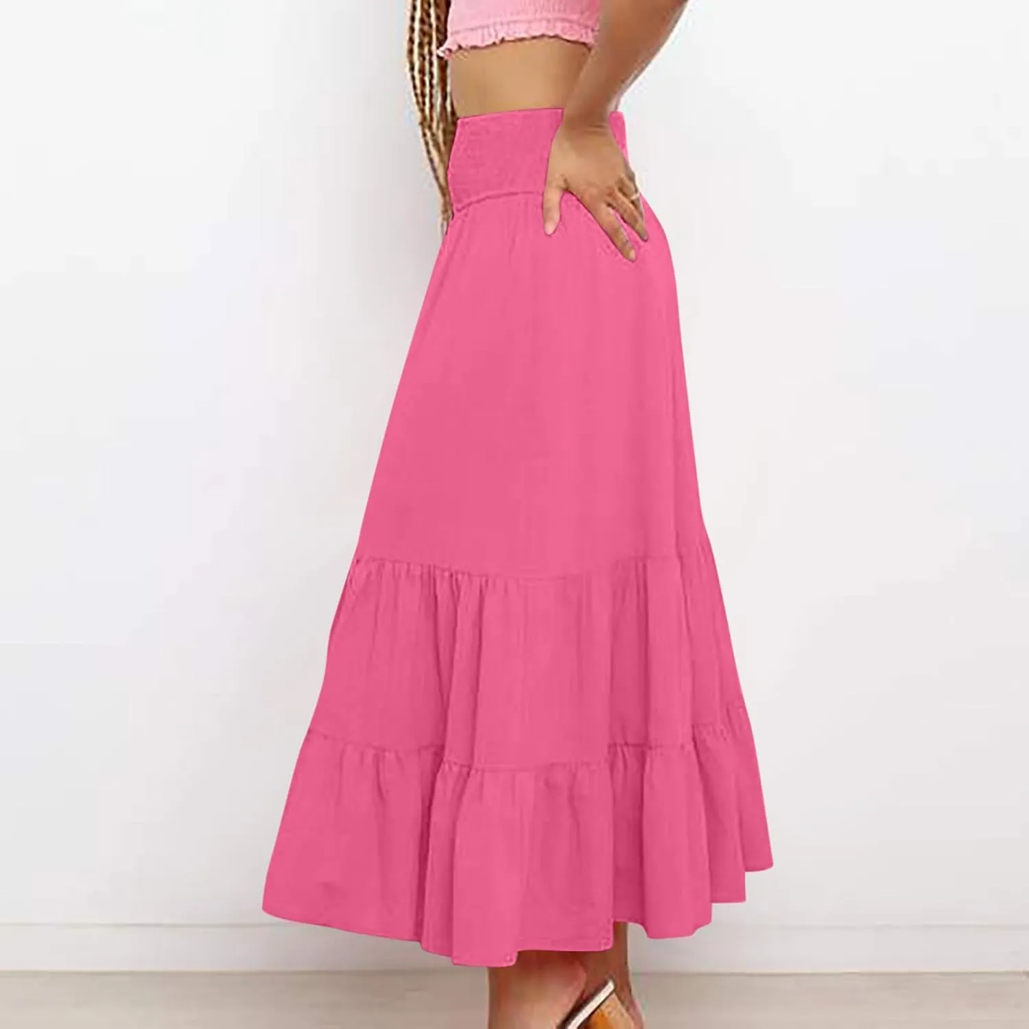 Maxi Skirts for Women Summer Boho Elastic High Waist Pleated Ruffle Tiered Skorts Casual Fashion Solid Flowy Skirt