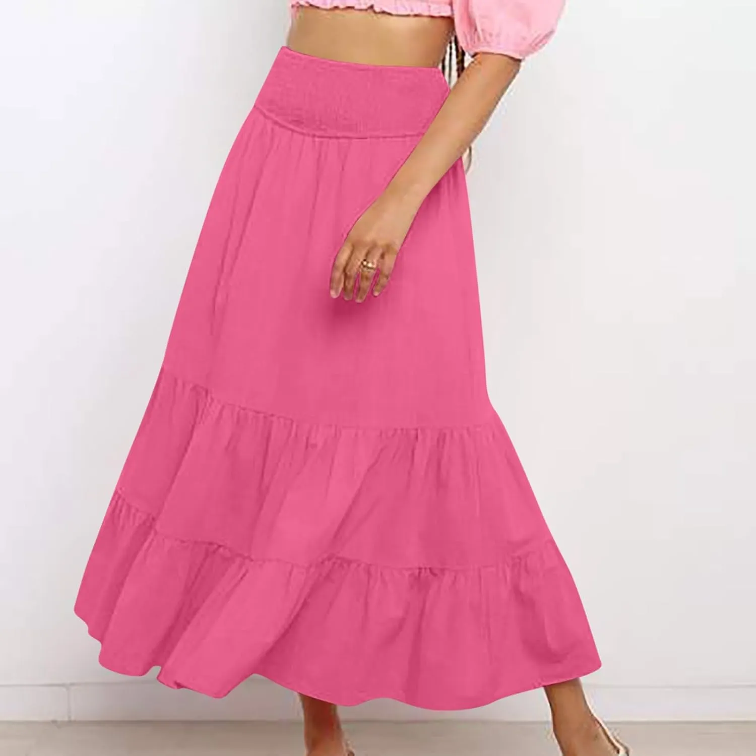 Maxi Skirts for Women Summer Boho Elastic High Waist Pleated Ruffle Tiered Skorts Casual Fashion Solid Flowy Skirt