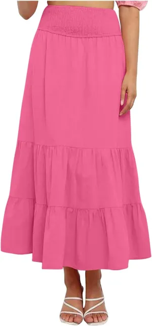 Maxi Skirts for Women Summer Boho Elastic High Waist Pleated Ruffle Tiered Skorts Casual Fashion Solid Flowy Skirt