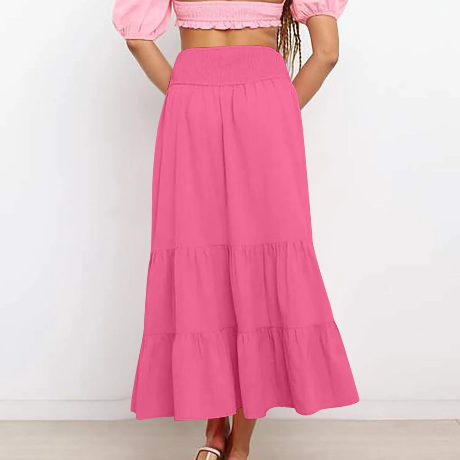 Maxi Skirts for Women Summer Boho Elastic High Waist Pleated Ruffle Tiered Skorts Casual Fashion Solid Flowy Skirt