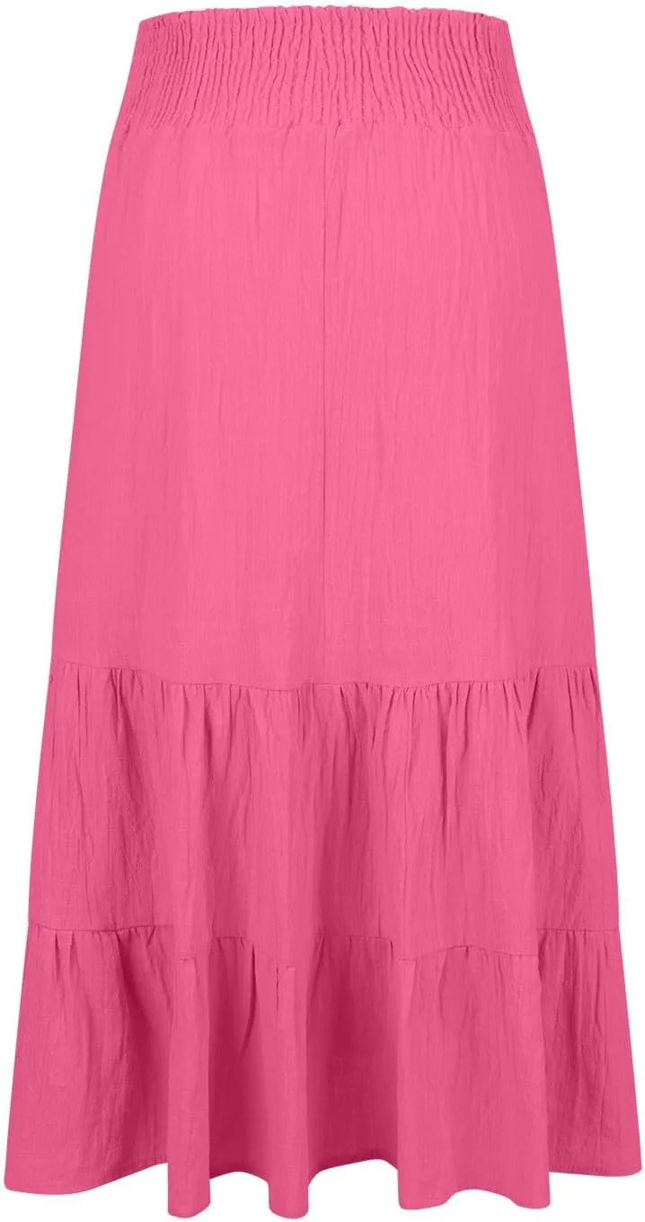 Maxi Skirts for Women Summer Boho Elastic High Waist Pleated Ruffle Tiered Skorts Casual Fashion Solid Flowy Skirt