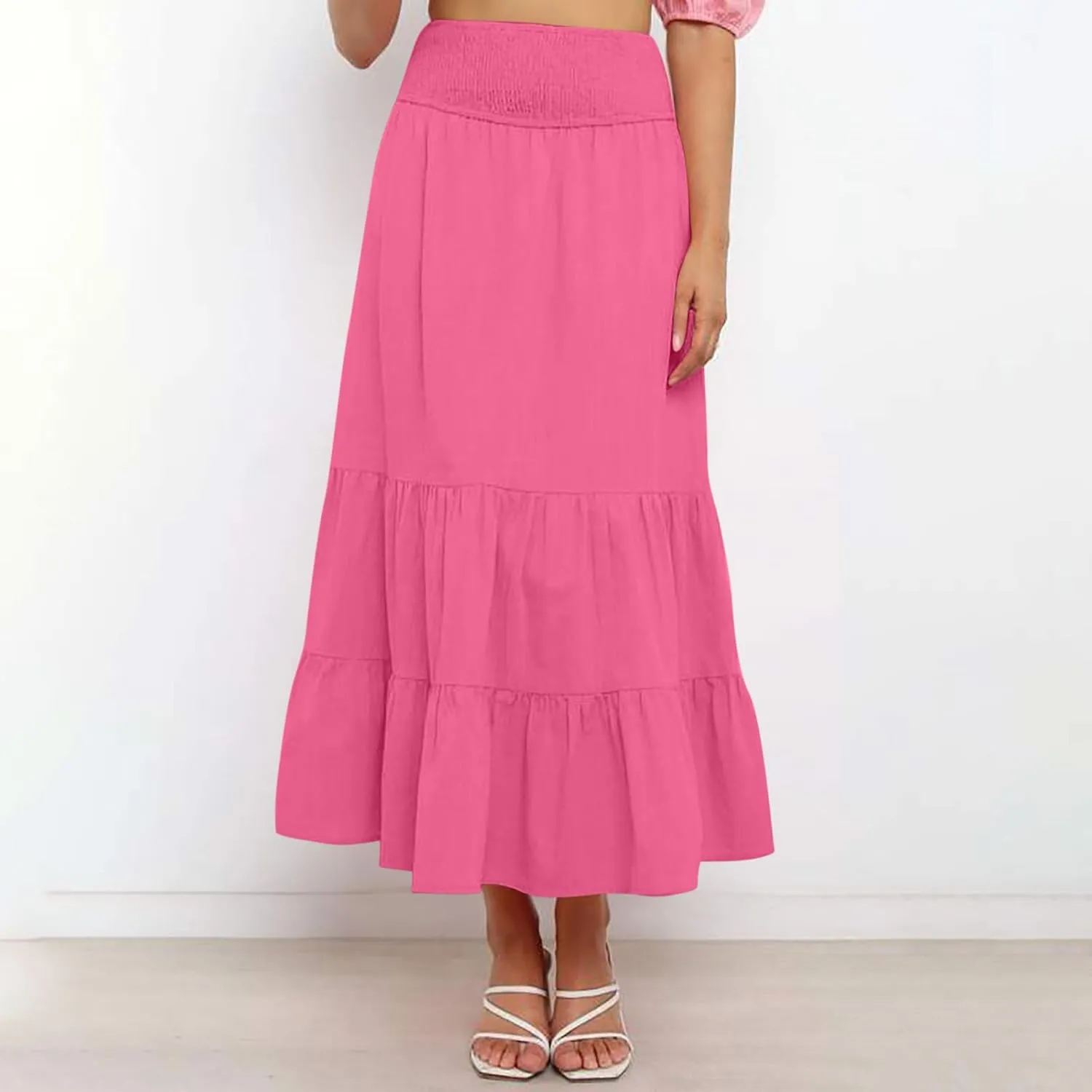 Maxi Skirts for Women Summer Boho Elastic High Waist Pleated Ruffle Tiered Skorts Casual Fashion Solid Flowy Skirt