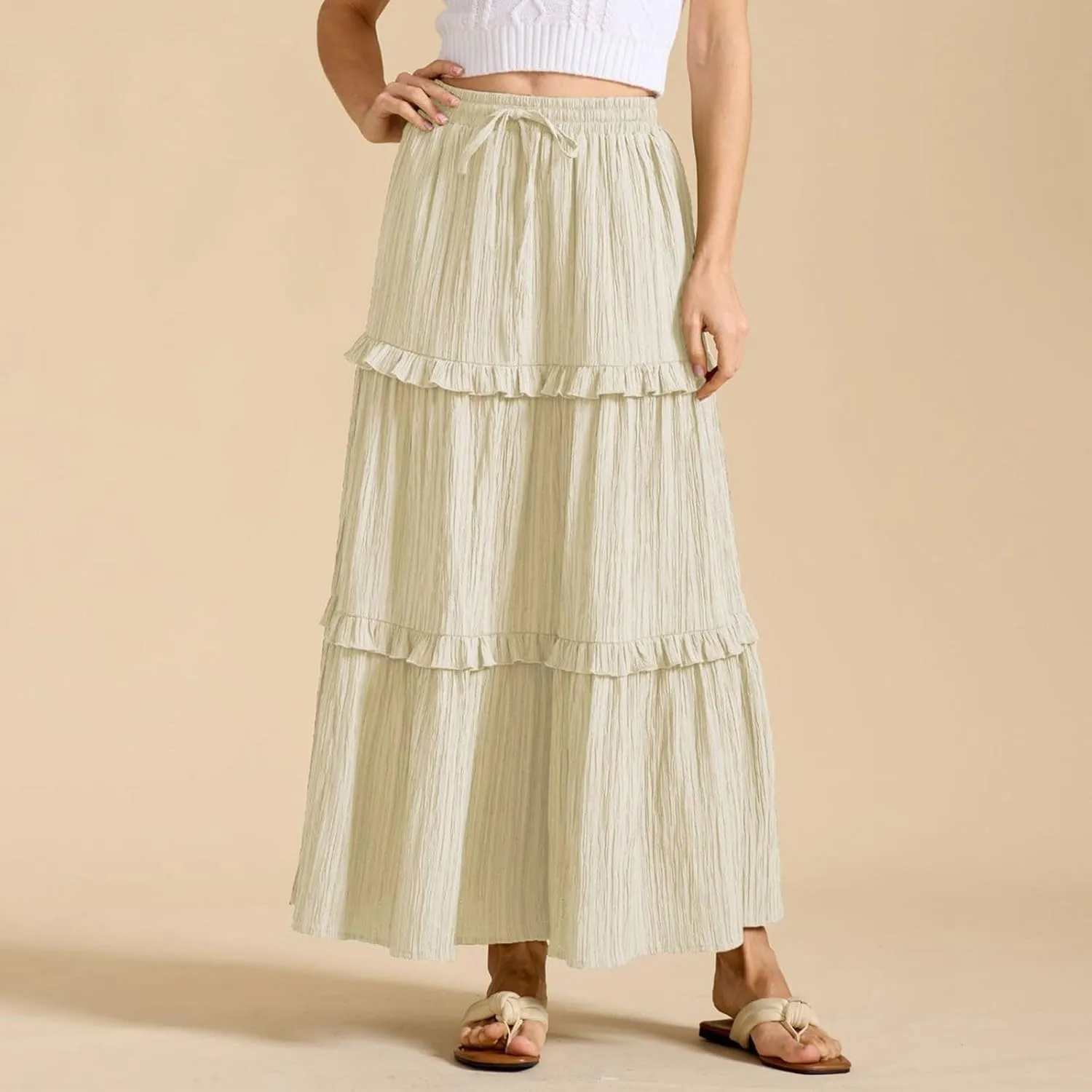 Maxi Skirts for Women Summer Boho Flowy Swing Ruffle Tiered A-Line Drawstring Elastic Waist Pleated Long Skirt Dress