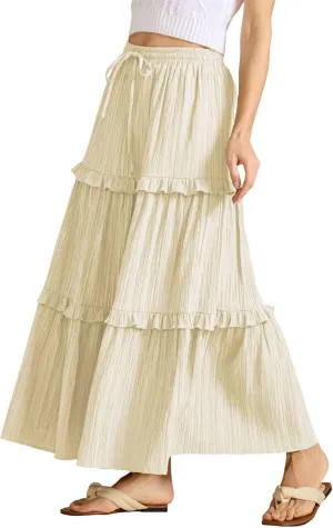 Maxi Skirts for Women Summer Boho Flowy Swing Ruffle Tiered A-Line Drawstring Elastic Waist Pleated Long Skirt Dress