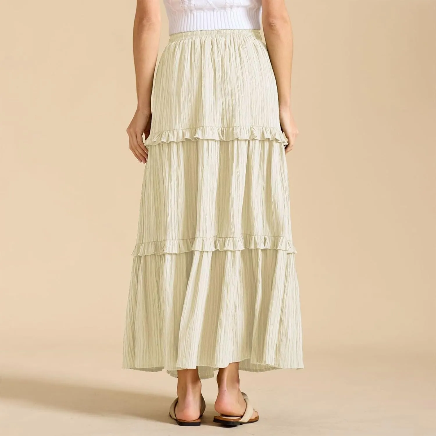 Maxi Skirts for Women Summer Boho Flowy Swing Ruffle Tiered A-Line Drawstring Elastic Waist Pleated Long Skirt Dress