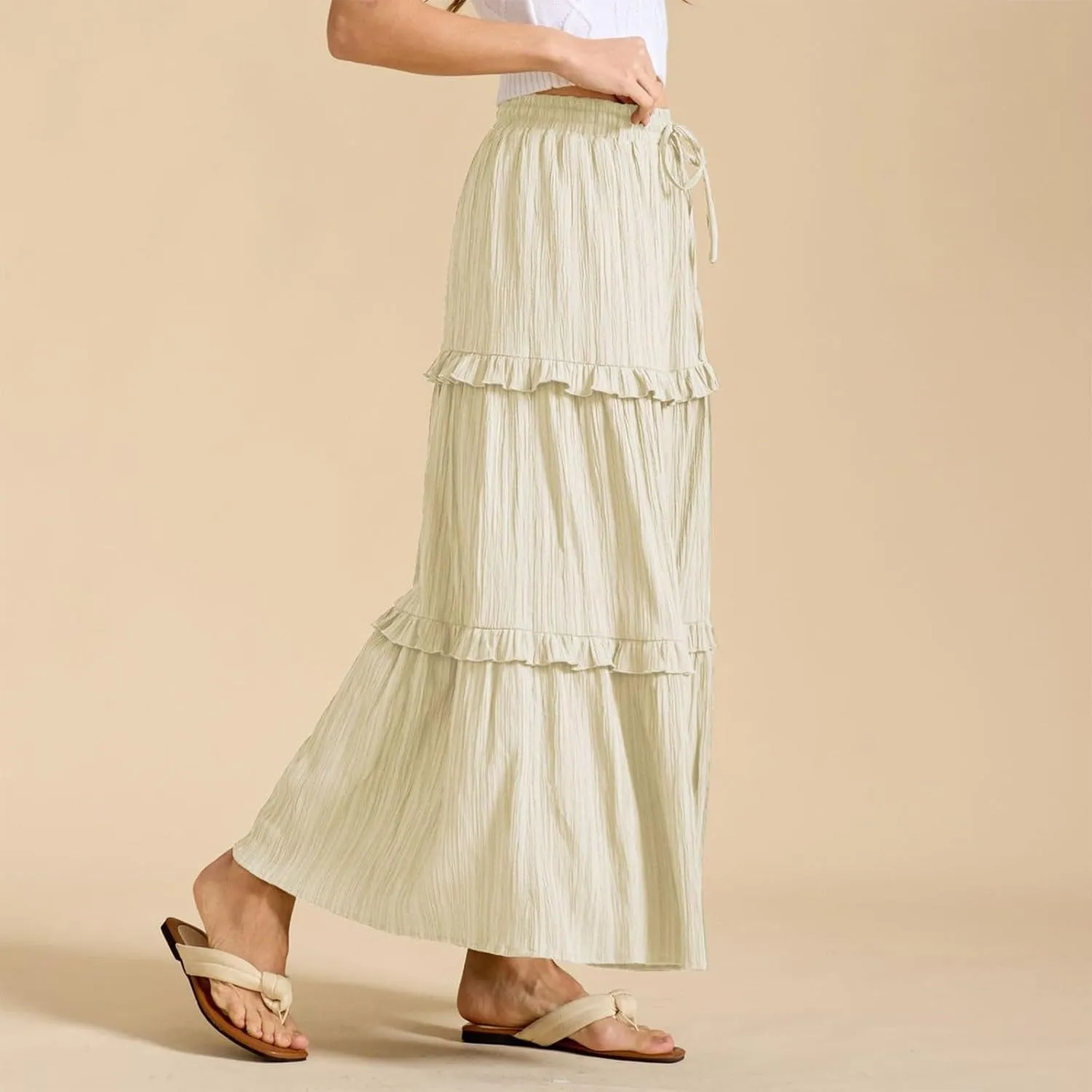 Maxi Skirts for Women Summer Boho Flowy Swing Ruffle Tiered A-Line Drawstring Elastic Waist Pleated Long Skirt Dress