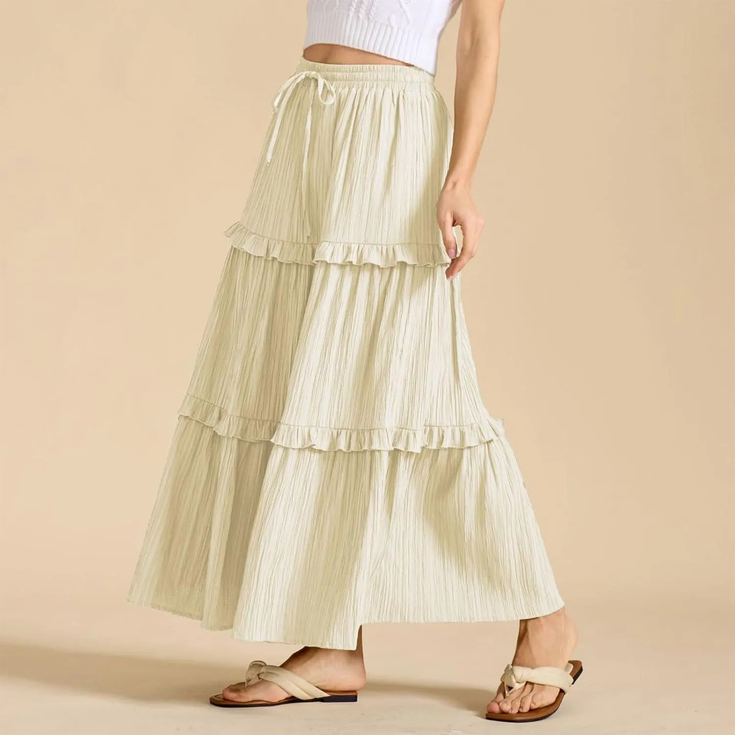 Maxi Skirts for Women Summer Boho Flowy Swing Ruffle Tiered A-Line Drawstring Elastic Waist Pleated Long Skirt Dress