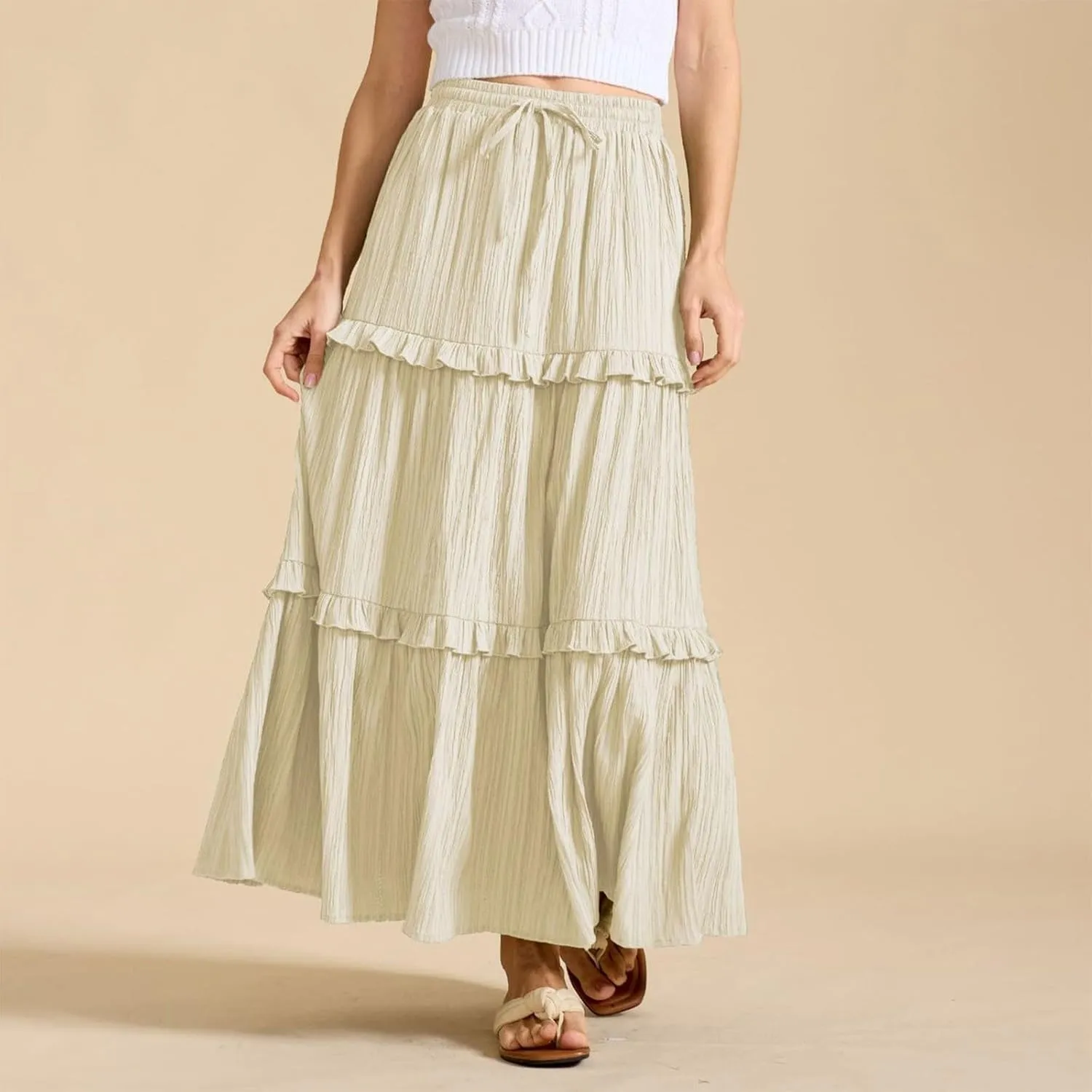 Maxi Skirts for Women Summer Boho Flowy Swing Ruffle Tiered A-Line Drawstring Elastic Waist Pleated Long Skirt Dress