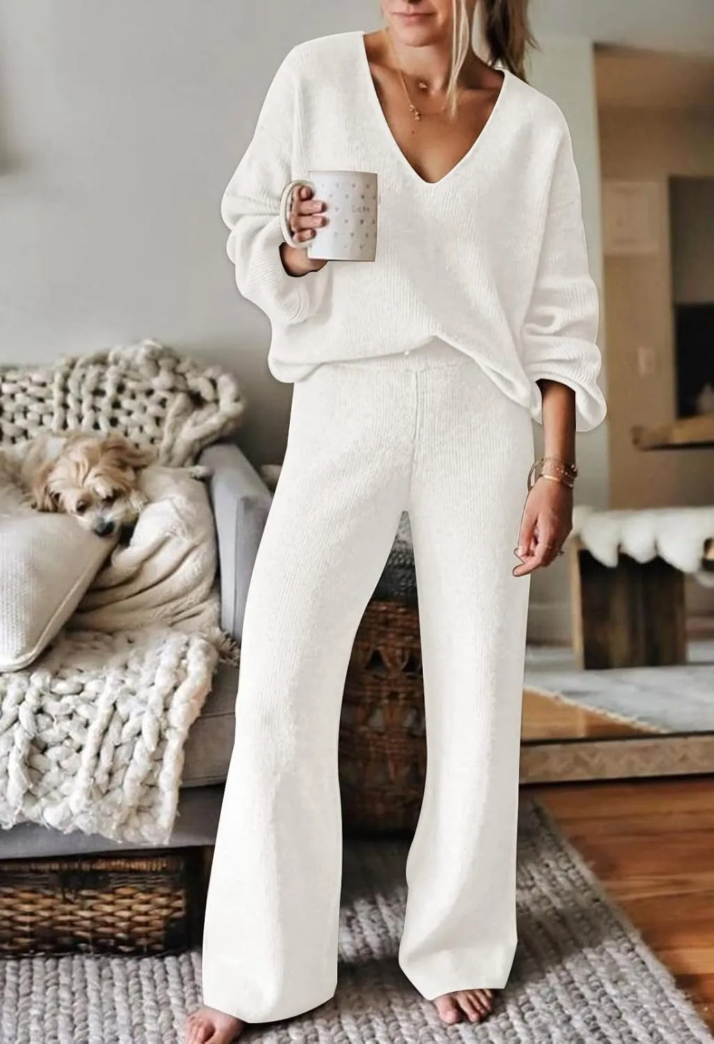 Meenew Womens 2 Piece Sweatsuit V Neck Slouchy Pullover Sweater Wide Leg Pants Set Casual Loose Loungewear