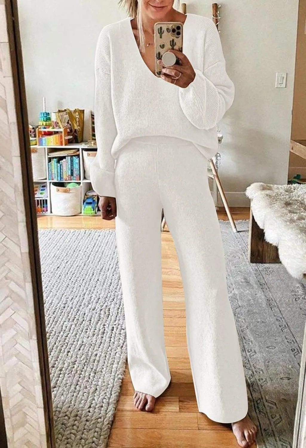 Meenew Womens 2 Piece Sweatsuit V Neck Slouchy Pullover Sweater Wide Leg Pants Set Casual Loose Loungewear
