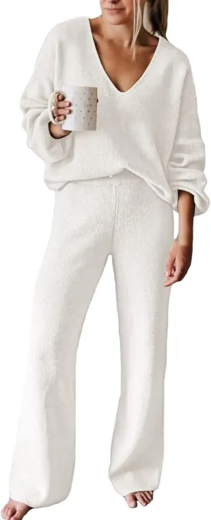 Meenew Womens 2 Piece Sweatsuit V Neck Slouchy Pullover Sweater Wide Leg Pants Set Casual Loose Loungewear