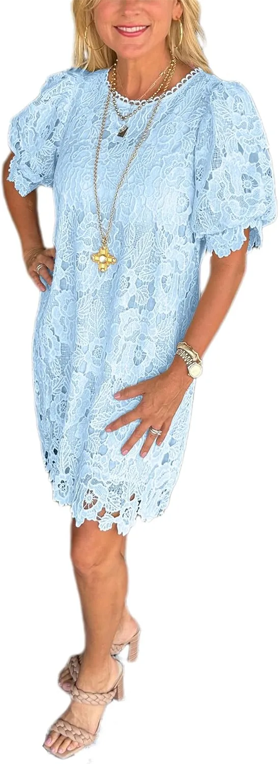 Melliflo Women's Summer Casual Tshirt Dresses Short Puff Sleeve Keyhole Floral Lace Mini Shift Dresses Cocktail Party Dress