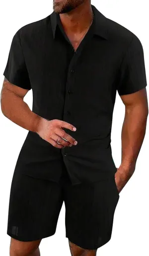 Men Summer Casual Short Sets Solid Short Sleeve Button Down Shirt Drawstring Beach 2 Piece Outfits Tracksuit