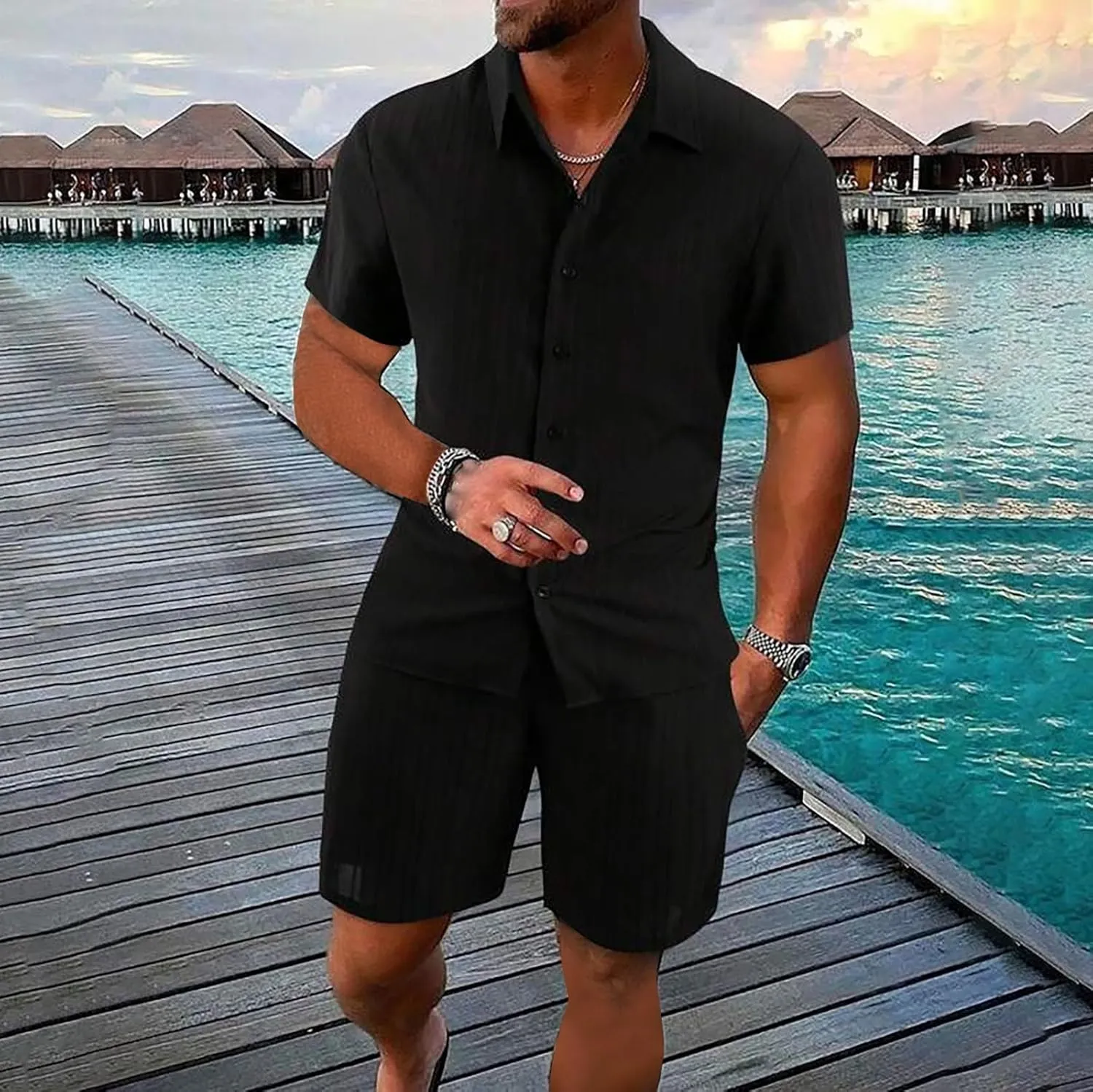 Men Summer Casual Short Sets Solid Short Sleeve Button Down Shirt Drawstring Beach 2 Piece Outfits Tracksuit