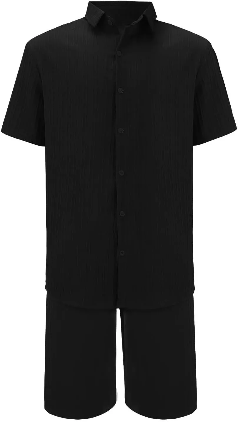 Men Summer Casual Short Sets Solid Short Sleeve Button Down Shirt Drawstring Beach 2 Piece Outfits Tracksuit