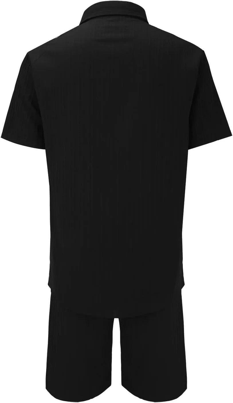 Men Summer Casual Short Sets Solid Short Sleeve Button Down Shirt Drawstring Beach 2 Piece Outfits Tracksuit