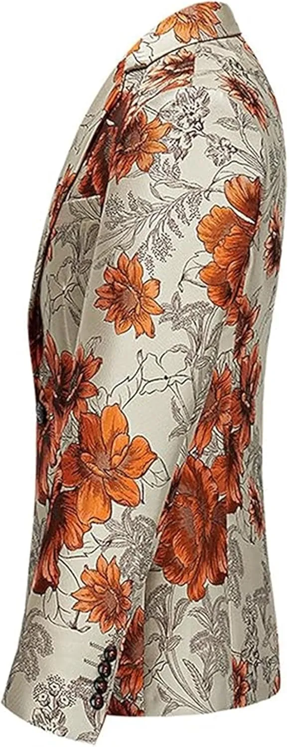 Mens 2 Piece Floral Dress Suit One Button Dinner Tuxedo Jacket & Pants Luxury Printed Wedding Blazer