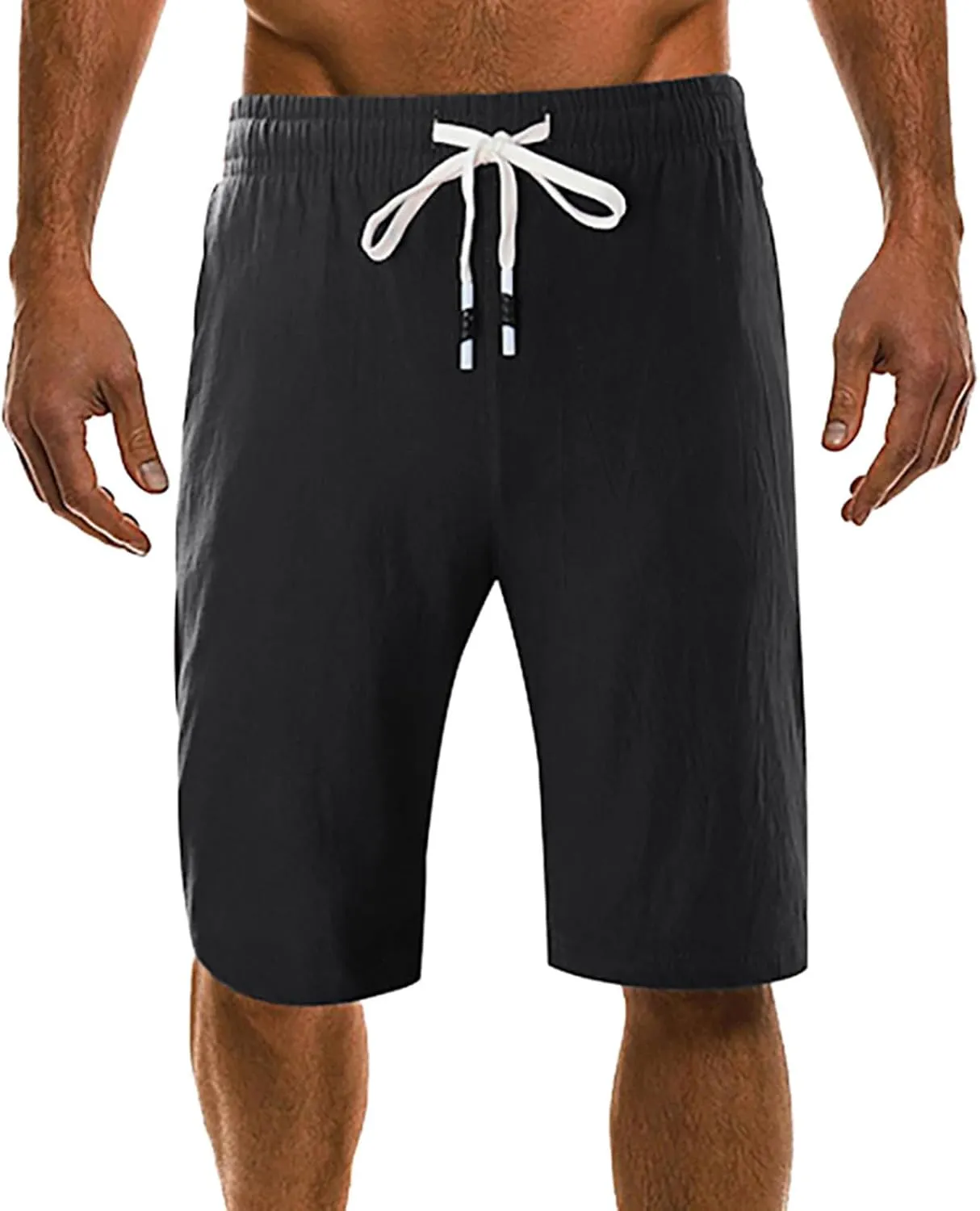Men's Casual Cotton Linen Shorts Flat Front Trendy Drawstring Beach Shorts Lightweight Stretch Waistband Shorts with Pockets
