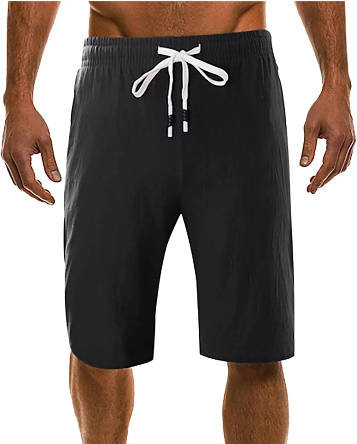 Men's Casual Cotton Linen Shorts Flat Front Trendy Drawstring Beach Shorts Lightweight Stretch Waistband Shorts with Pockets