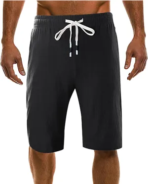 Men's Casual Cotton Linen Shorts Flat Front Trendy Drawstring Beach Shorts Lightweight Stretch Waistband Shorts with Pockets