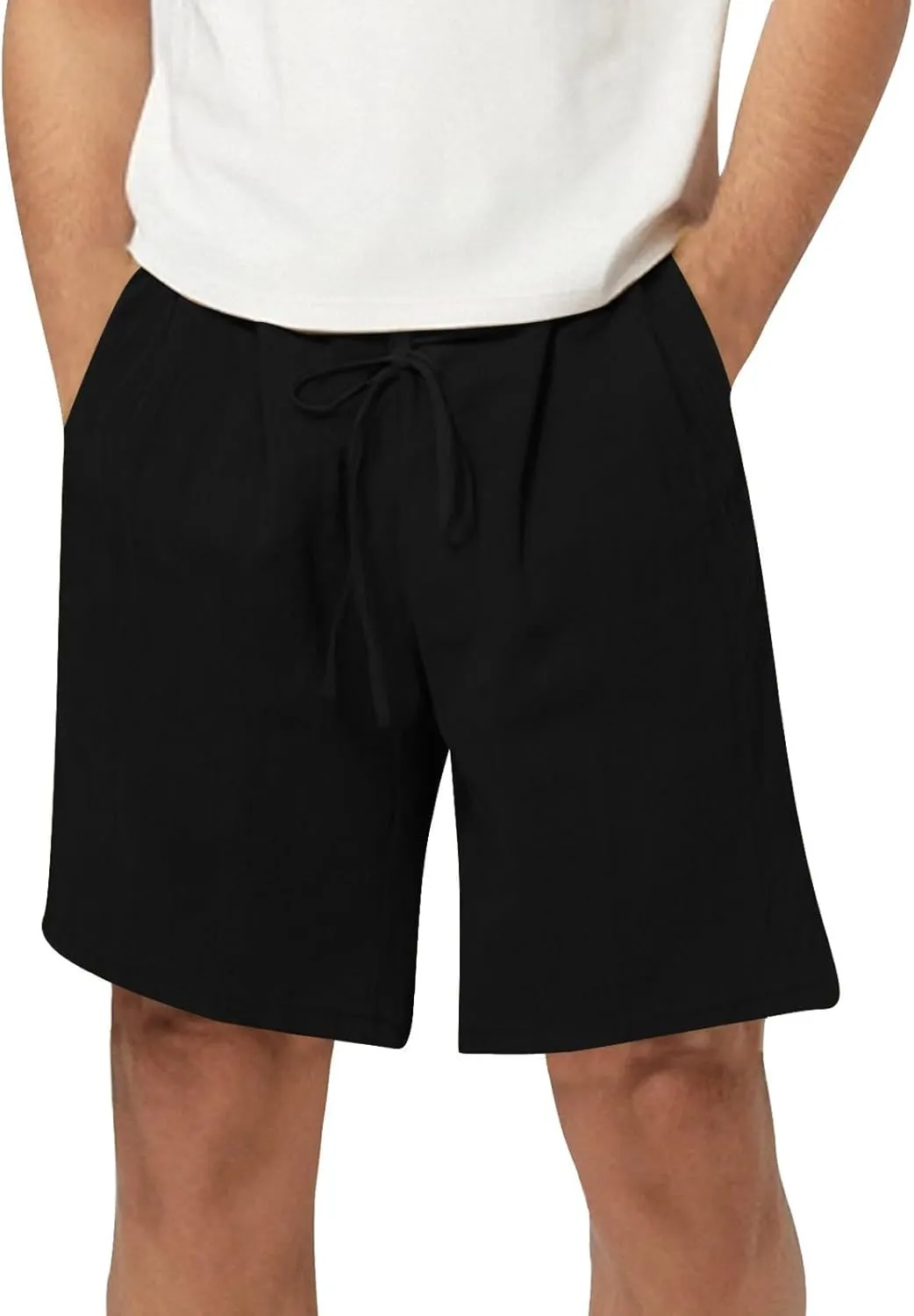 Men's Casual Drawstring Shorts Cotton Linen Loose Fit Breathable Shorts Summer Solid Color Lightweight Sweatpants