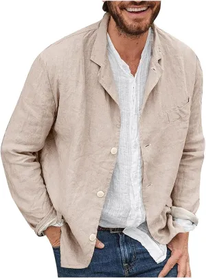 Men's Casual Suit Blazer Jackets Lightweight Linen Notched Collar Tailored Cardigan Tops Single-Breasted Sports Coats