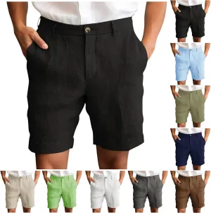 Men's Cotton Linen Shorts Solid Color Casual Pocket Half Shorts Button Zipper Dress Pants with Pockets