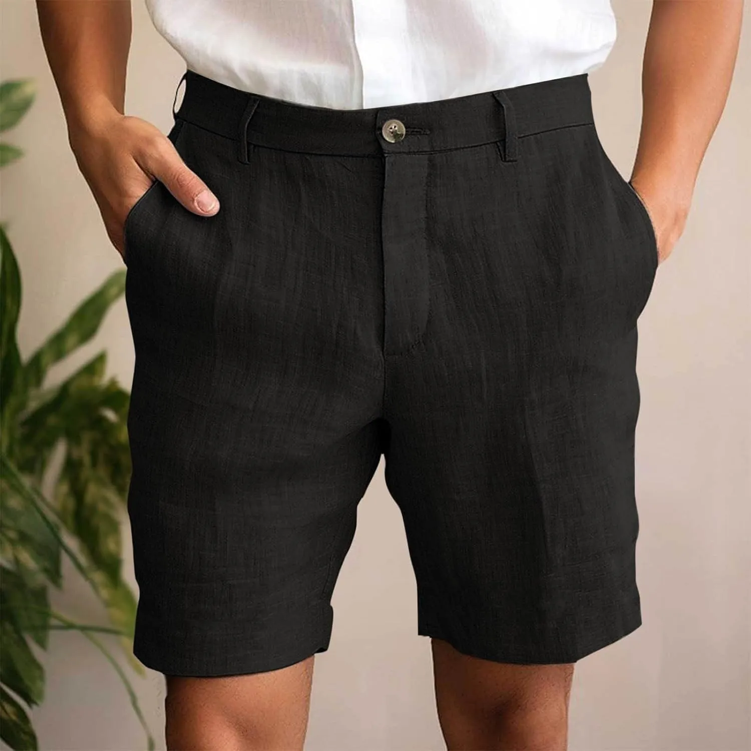 Men's Cotton Linen Shorts Solid Color Casual Pocket Half Shorts Button Zipper Dress Pants with Pockets