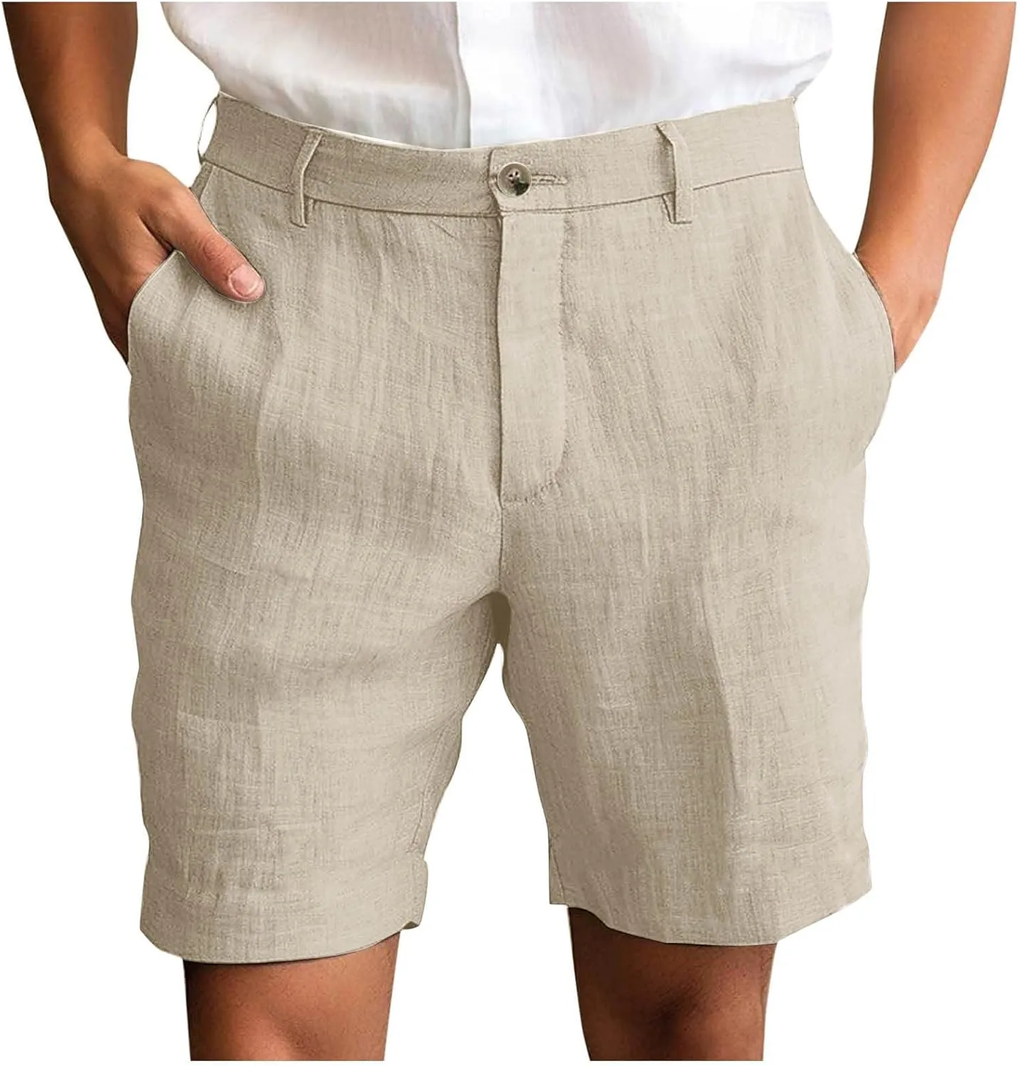 Men's Cotton Linen Shorts Solid Color Casual Pocket Half Shorts Button Zipper Dress Pants with Pockets