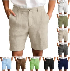 Men's Cotton Linen Shorts Solid Color Casual Pocket Half Shorts Button Zipper Dress Pants with Pockets