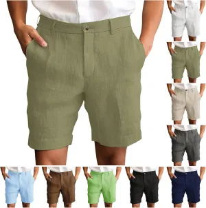 Men's Cotton Linen Shorts Solid Color Casual Pocket Half Shorts Button Zipper Dress Pants with Pockets