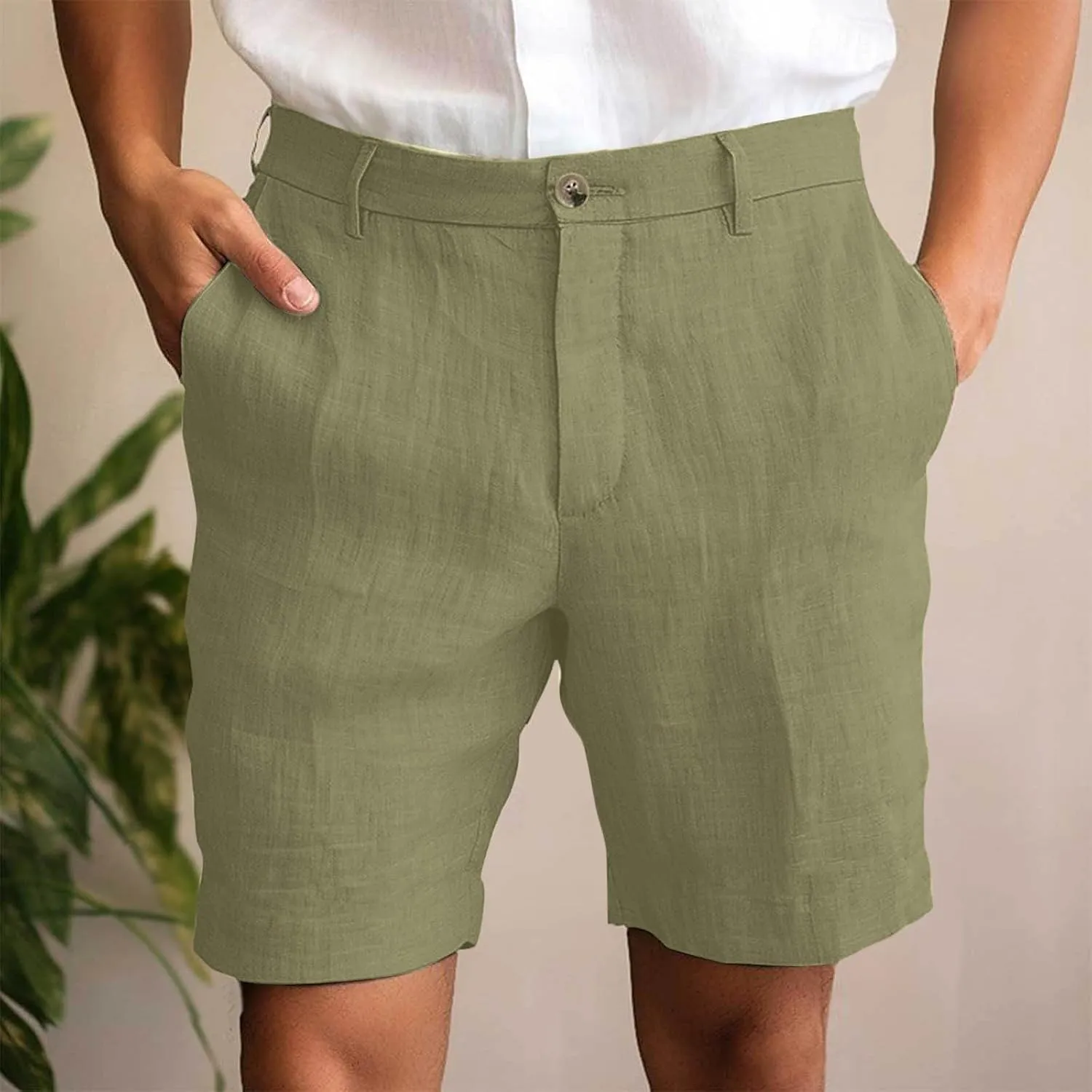 Men's Cotton Linen Shorts Solid Color Casual Pocket Half Shorts Button Zipper Dress Pants with Pockets
