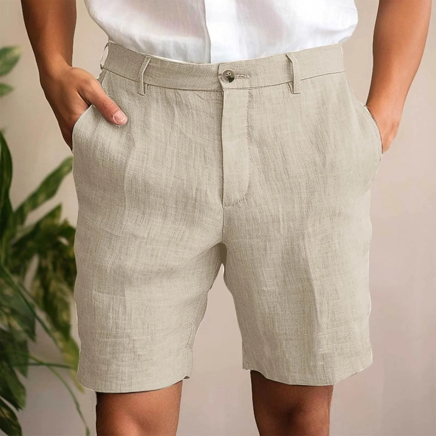 Men's Cotton Linen Shorts Solid Color Casual Pocket Half Shorts Button Zipper Dress Pants with Pockets
