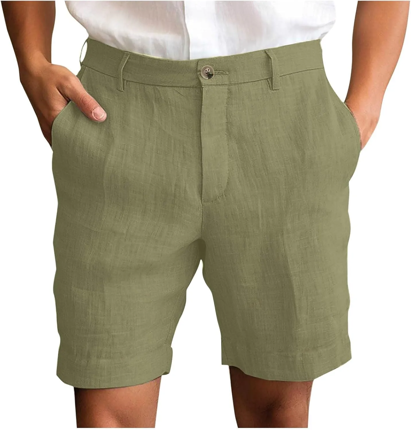 Men's Cotton Linen Shorts Solid Color Casual Pocket Half Shorts Button Zipper Dress Pants with Pockets